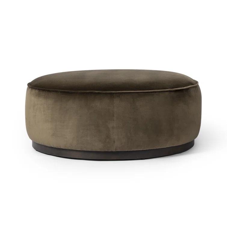 Sinclair Large Round Olive Velvet Ottoman with Brown Base