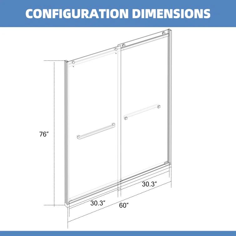BVNECXP Frameless Sliding Glass Shower Doors 60" Width X 76"Height With 3/8"(10Mm) Clear Tempered Glass YY3CHO-W1675S00002