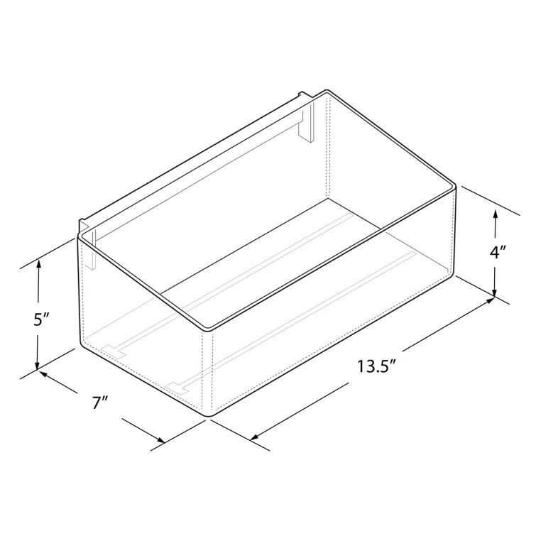 Clear 13.5” wide Open Bin Tray for Pegboard or Slatwall. Storage Container includes 2 Metal U-Hooks for hanging. Adjustable Slide In Dividers Sold Separately
