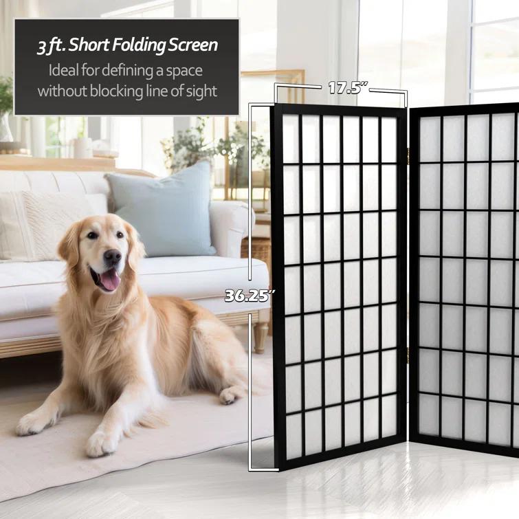 3 ft. Tall Window Pane Shoji Screen - Black (3 Panels) - Oriental Furniture: Hardwood Frame, No Assembly Required