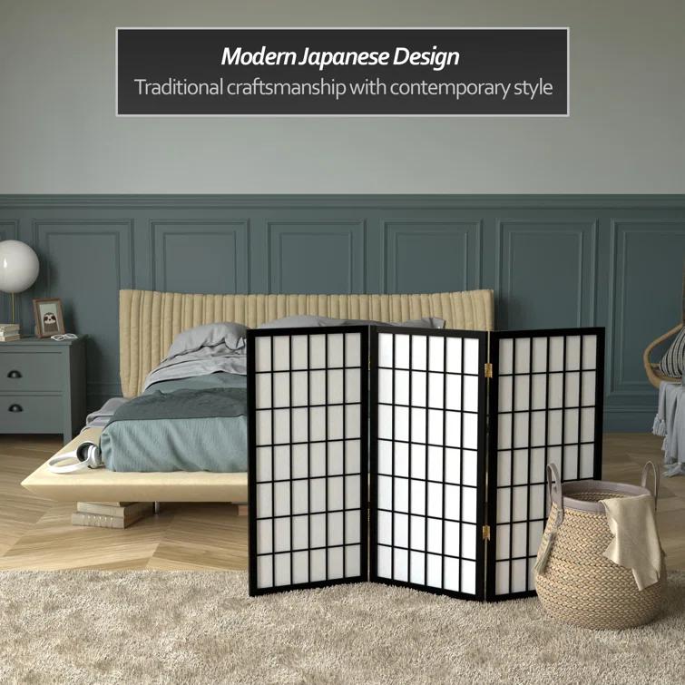 3 ft. Tall Window Pane Shoji Screen - Black (3 Panels) - Oriental Furniture: Hardwood Frame, No Assembly Required