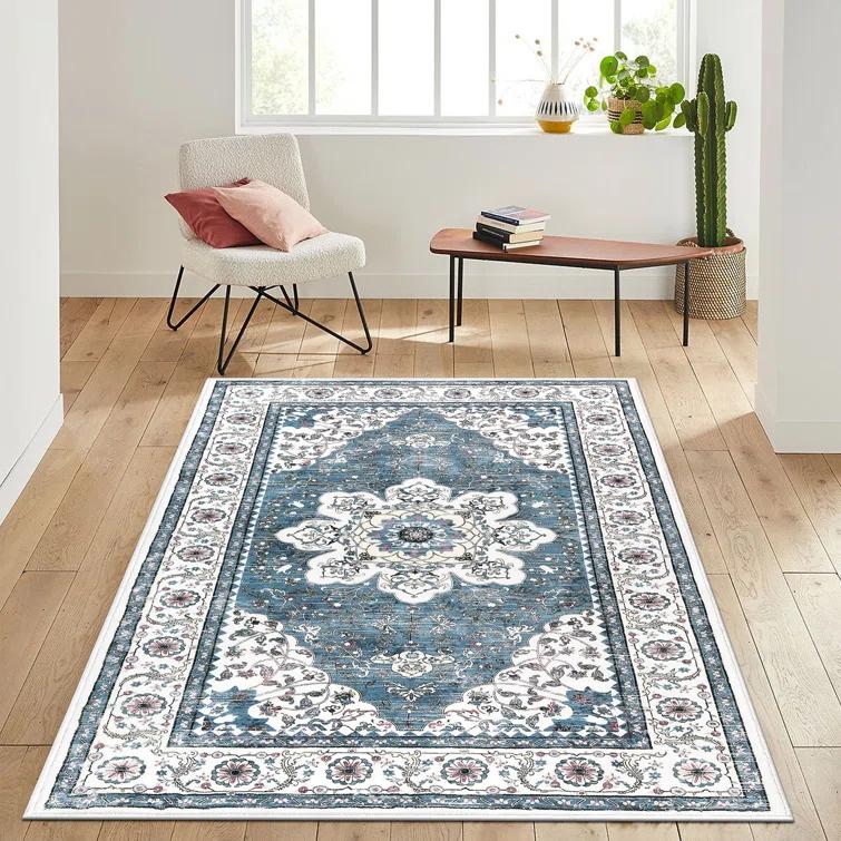 Polyester Machine Washable Blue Oriental Area Rug