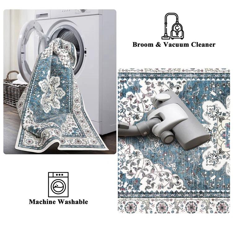 Polyester Machine Washable Blue Oriental Area Rug