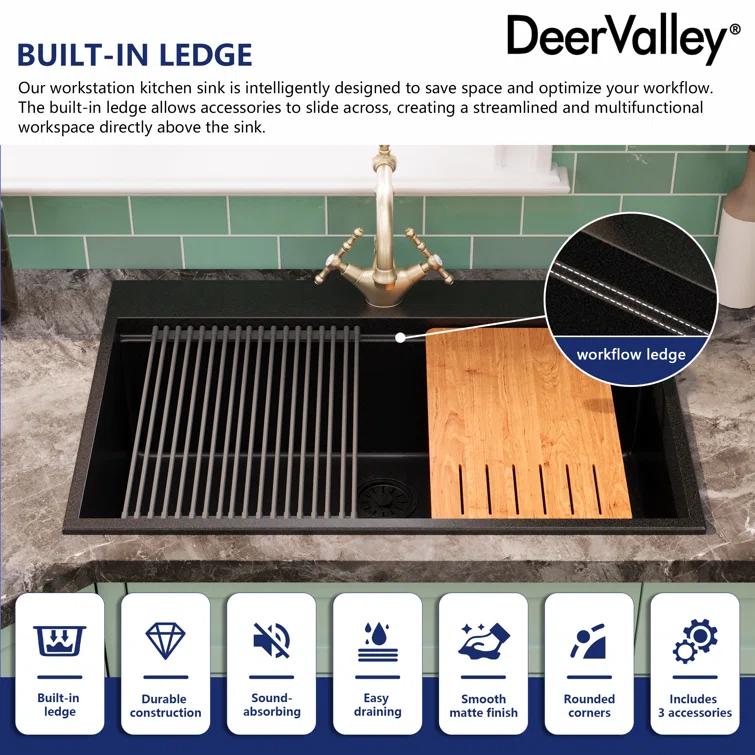 DeerValley DV-1K0170 DeerValley 33" L Quartz Composite Workstation Kitchen Sink Drop in Single Bowl Sink