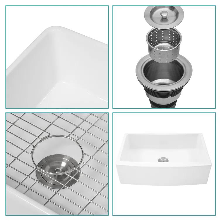 White Farmhouse Sink - 30 Kitchen Sink Ceramic Arch Edge Apron Front Single Bowl Farm Kitchen Sinks