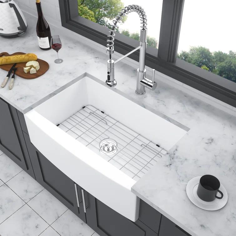 White Farmhouse Sink - 30 Kitchen Sink Ceramic Arch Edge Apron Front Single Bowl Farm Kitchen Sinks