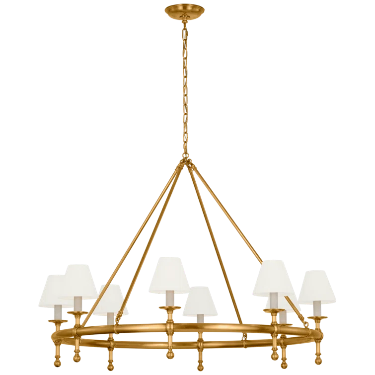 Antique-Burnished Brass 8-Light Chandelier with Linen Shades
