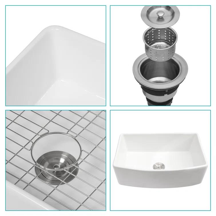 White Farmhouse Sink - 30 Kitchen Sink Ceramic Arch Edge Apron Front Single Bowl Farm Kitchen Sinks