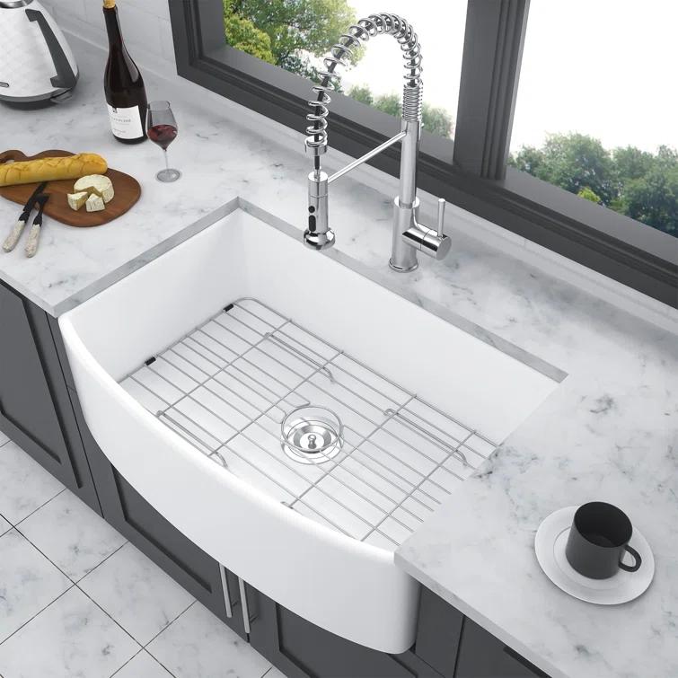 White Farmhouse Sink - 30 Kitchen Sink Ceramic Arch Edge Apron Front Single Bowl Farm Kitchen Sinks
