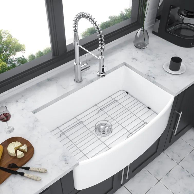 White Farmhouse Sink - 30 Kitchen Sink Ceramic Arch Edge Apron Front Single Bowl Farm Kitchen Sinks