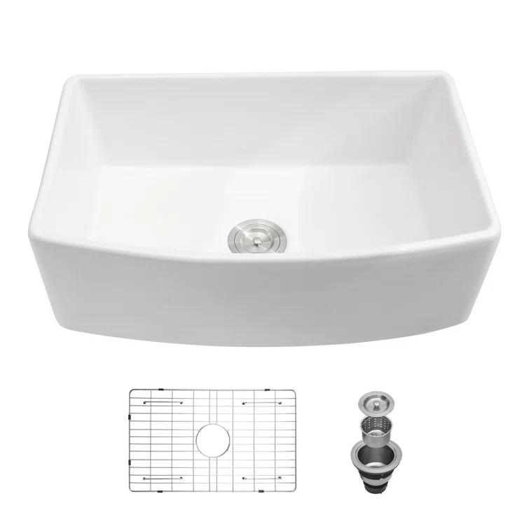 White Farmhouse Sink - 30 Kitchen Sink Ceramic Arch Edge Apron Front Single Bowl Farm Kitchen Sinks