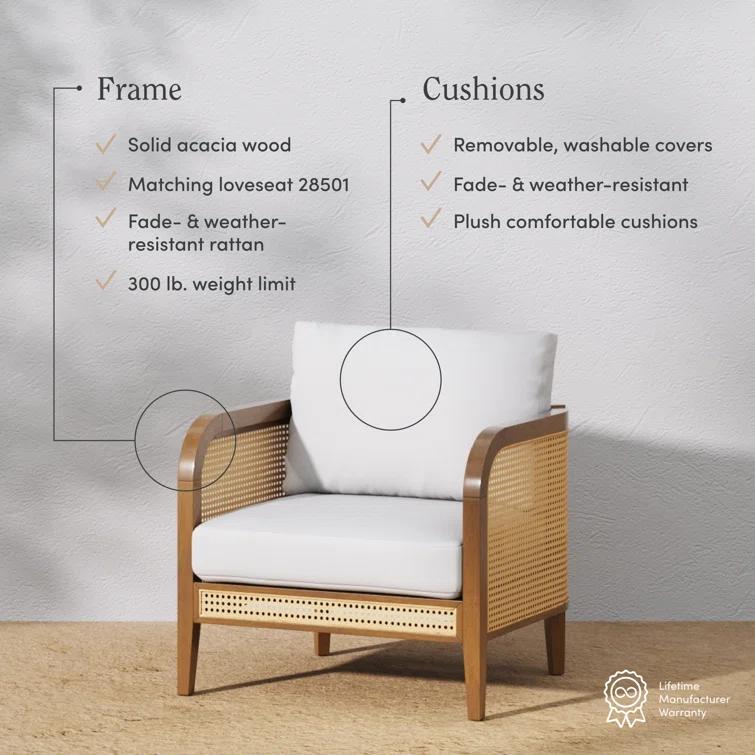 Bohemian Cushioned Patio Chair, White Outdoor Lounge Chair With Solid Wood Frame