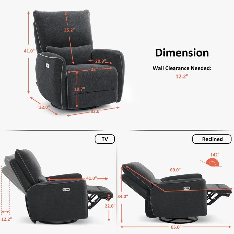 Swivel Glider Power Recliner Chair, Electric Rocker Recliner Chairs with USB Ports For Nursery, Fabric