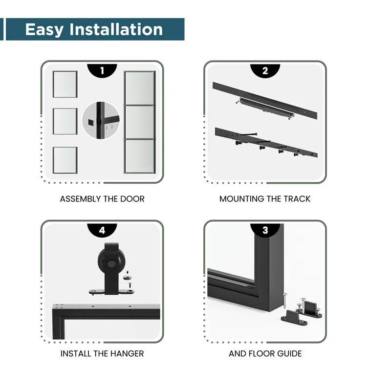 Metal and Glass Sliding Barn Door with Installation Hardware Kit ( Soft-close Included)