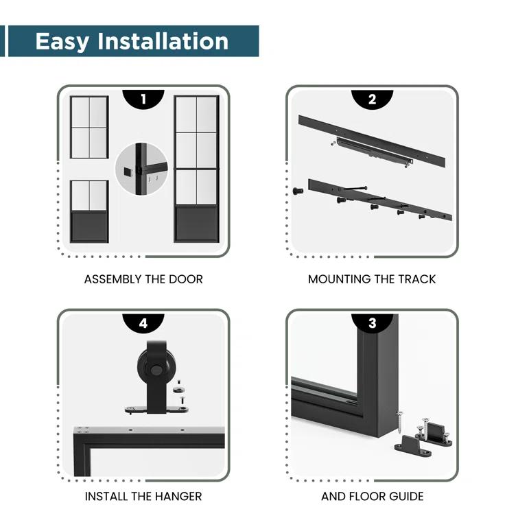 Metal and Glass Sliding Barn Door with Installation Hardware Kit ( Soft-close Included)