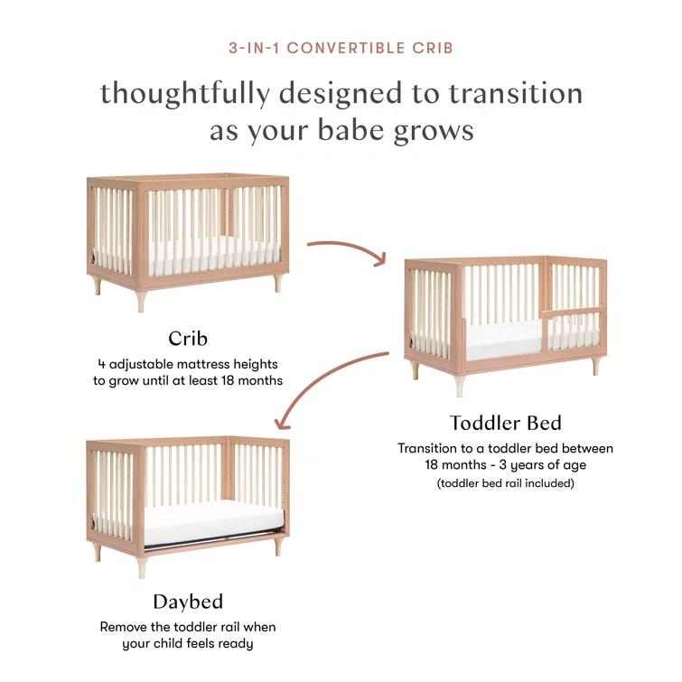 Babyletto Lolly Canyon Pink & Washed Natural Wood 3-in-1 Convertible Baby Crib with Toddler Bed Conversion Kit