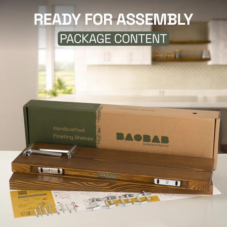 Baobab Workshop Solid Wood Floating Shelves, Wooden Shelves for Wall (Set of 2)