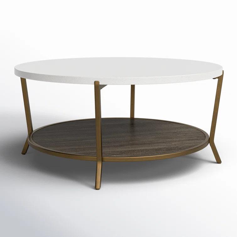 Transitional Round Wood & Stone Coffee Table, 42 Inch, Brown
