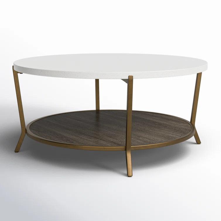 Transitional Round Wood & Stone Coffee Table, 42 Inch, Brown
