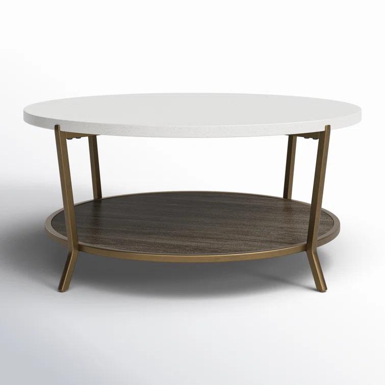 Transitional Round Wood & Stone Coffee Table, 42 Inch, Brown