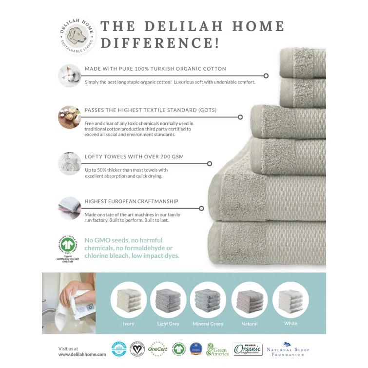 Delilah Home 100% Organic Cotton Towels, 6 piece set (2pcs 13x13,  2pcs 16x30, 2 pcs 30x54)