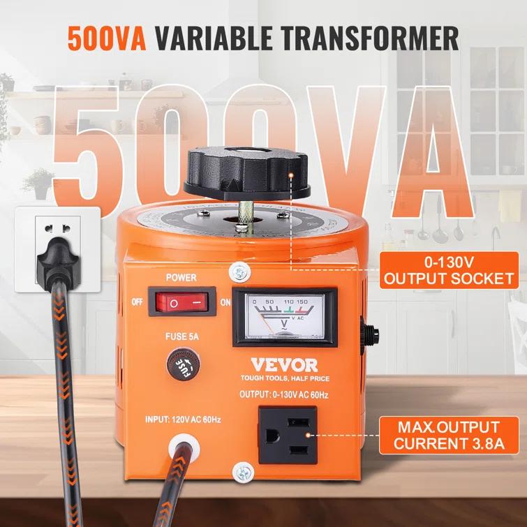 VEVOR 500VA Auto Variable Voltage Transformer, 15.3 Amp, 110V Input 0-130V Output AC Voltag