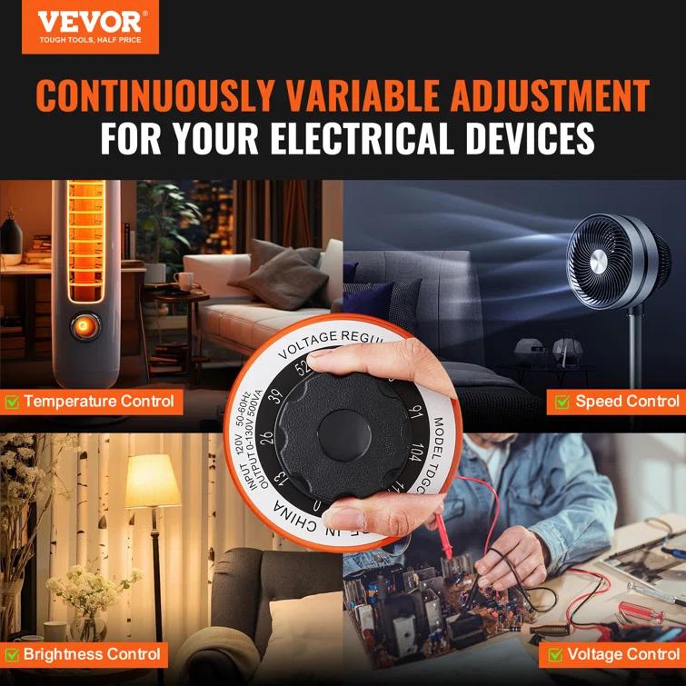 VEVOR 500VA Auto Variable Voltage Transformer, 15.3 Amp, 110V Input 0-130V Output AC Voltag