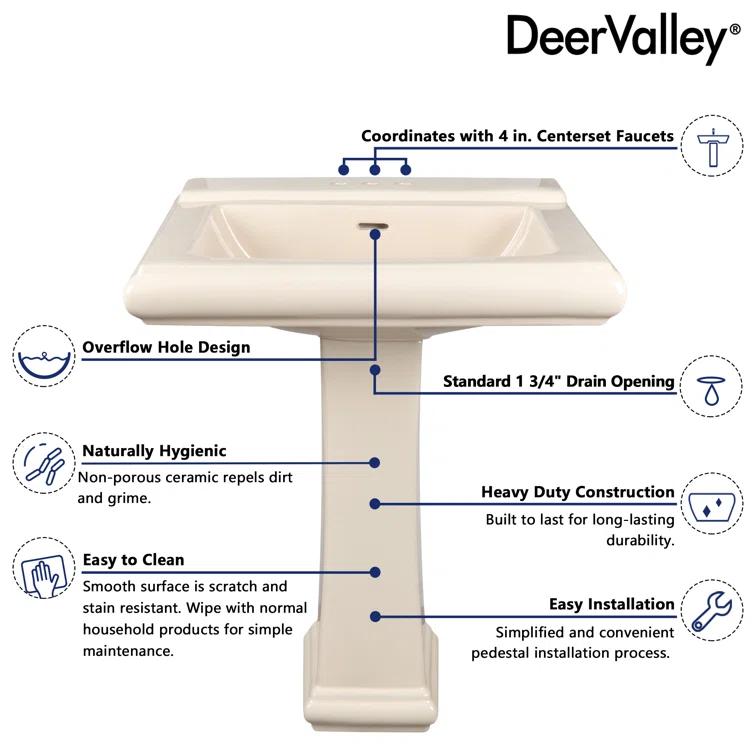 DeerValley Apex 34" Tall Rectangular Vitreous China Pedestal Bathroom Sink with Overflow DV-1P521