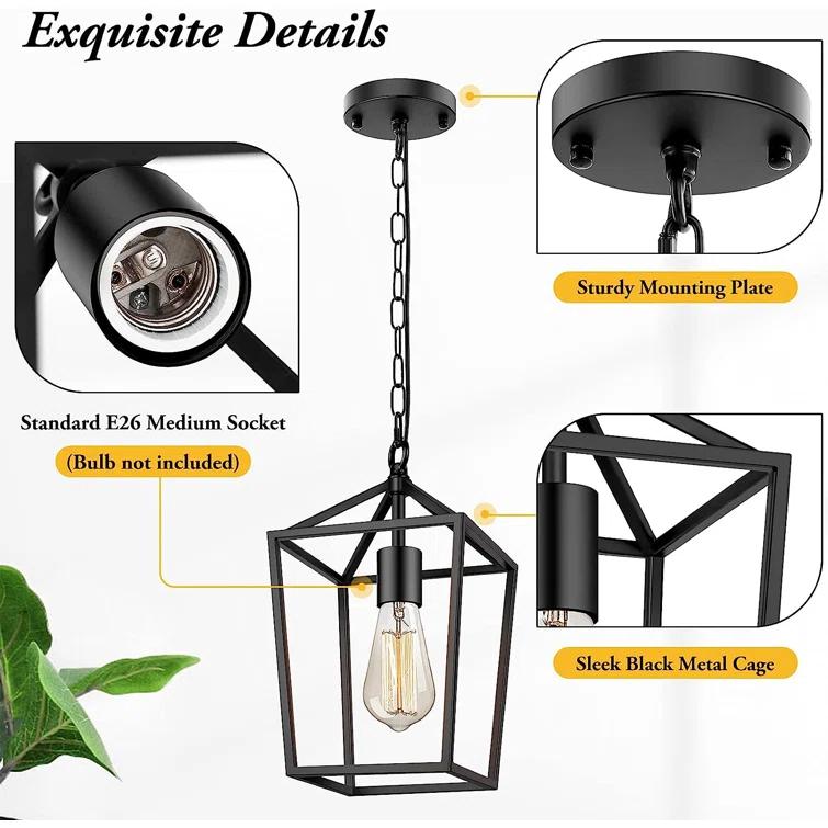 17 Stories Farmhouse Black Pendant Light for Kitchen Island Industrial Hanging Lantern Fixture