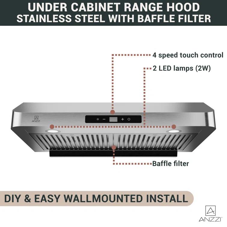 30" Stainless Steel Under Cabinet Range Hood With Washable Baffle Filter And LED Lights For Ducted Kitchen Over Stove Vent