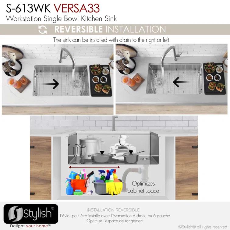 Stylish Versa33 Undermount 33" Workstation 16-gauge Single-Bowl Kitchen Sink