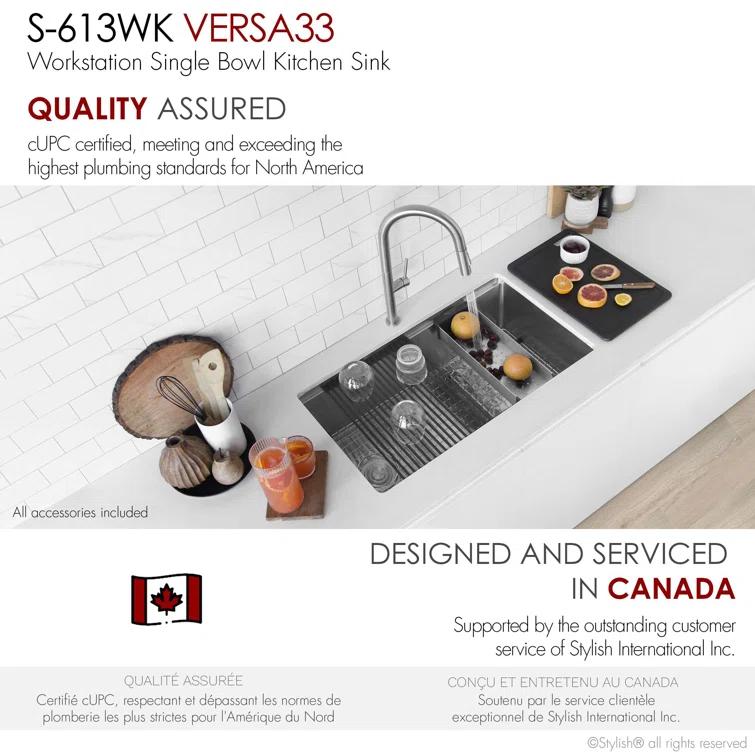 Stylish Versa33 Undermount 33" Workstation 16-gauge Single-Bowl Kitchen Sink