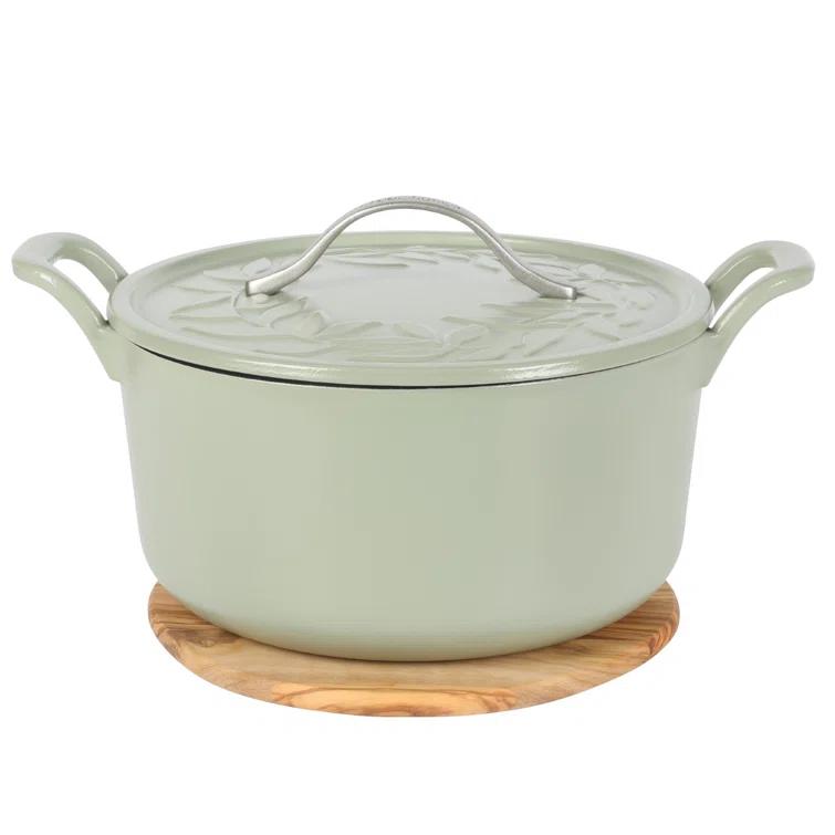 Bloomhouse 7 Qt Cast Iron Dutch Oven w/ Lid, European Enamel, & Walnut Wood Trivet - Oat White
