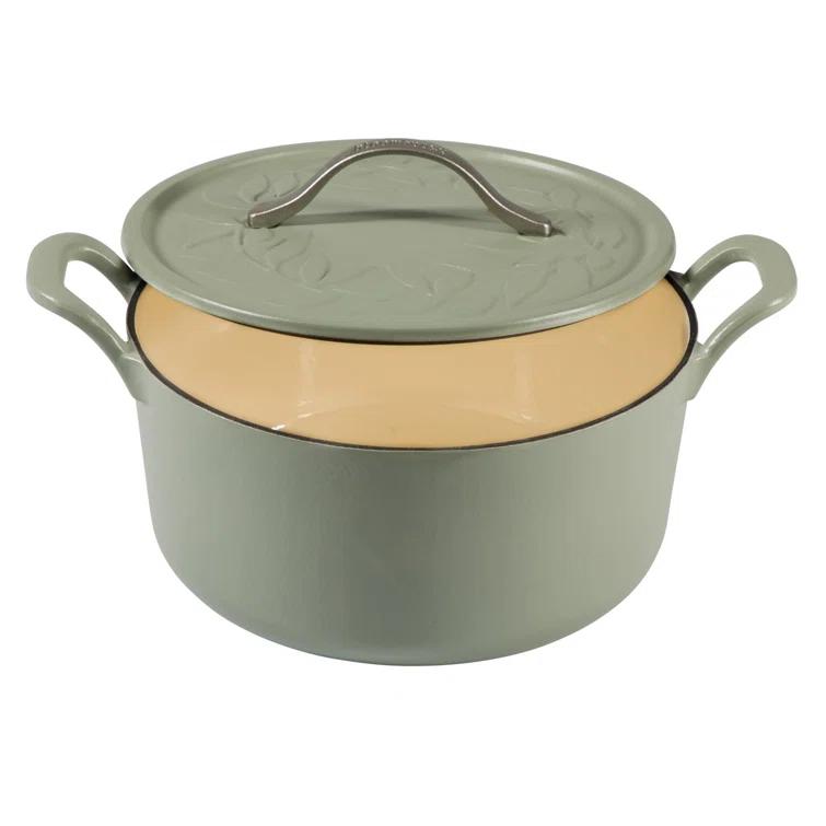 Bloomhouse 7 Qt Cast Iron Dutch Oven w/ Lid, European Enamel, & Walnut Wood Trivet - Oat White