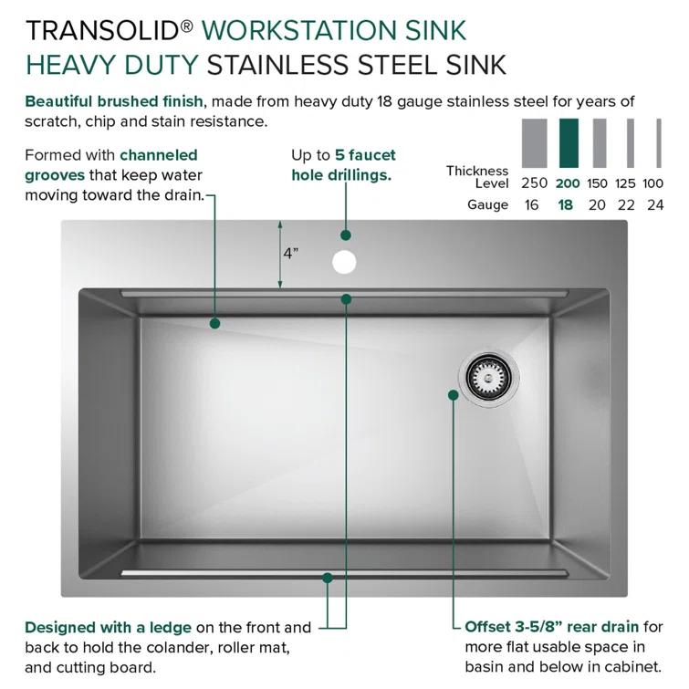 Transolid 32-in X 22-in 18-Gauge Drop-in Stainless Steel Kitchen Workstation Sink