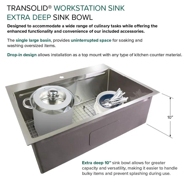 Transolid 32-in X 22-in 18-Gauge Drop-in Stainless Steel Kitchen Workstation Sink