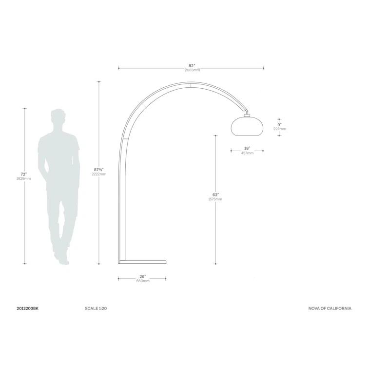 Nova of California Vaulted Arc Floor Lamp by Peter Morelli - 86", 1968 design, Black Wood, Satin Nickel, Dimmer Switch, V-base