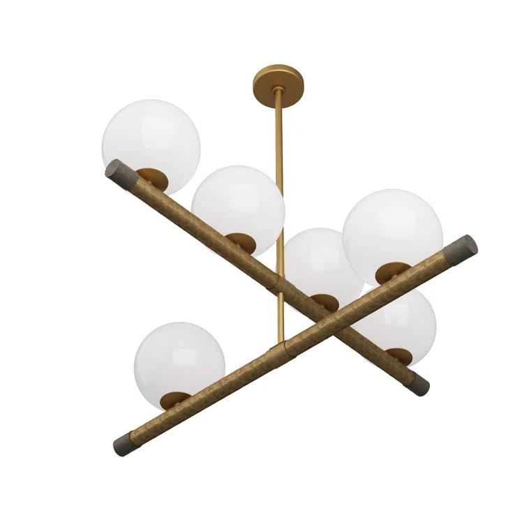 Mid-Century Modern Brass and Opal Glass Chandelier