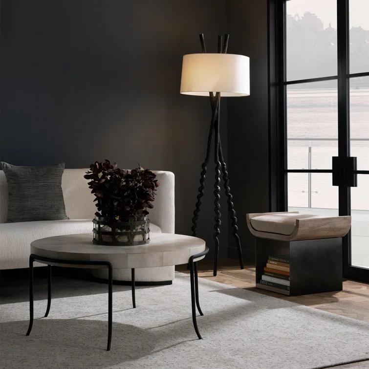 Bronze Tripod Floor Lamp with Off-White Cotton Shade