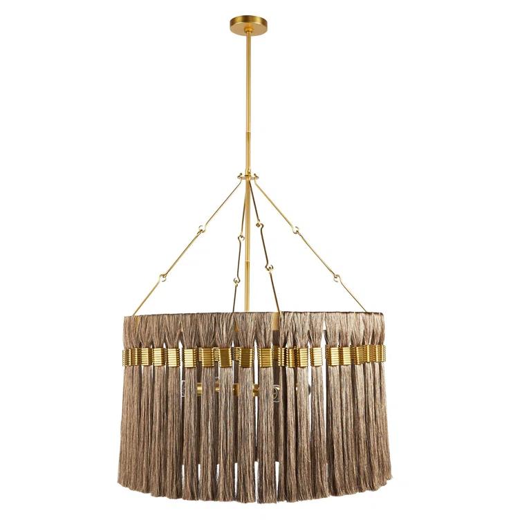 Antique Brass and Gold Drum Chandelier with Fringe