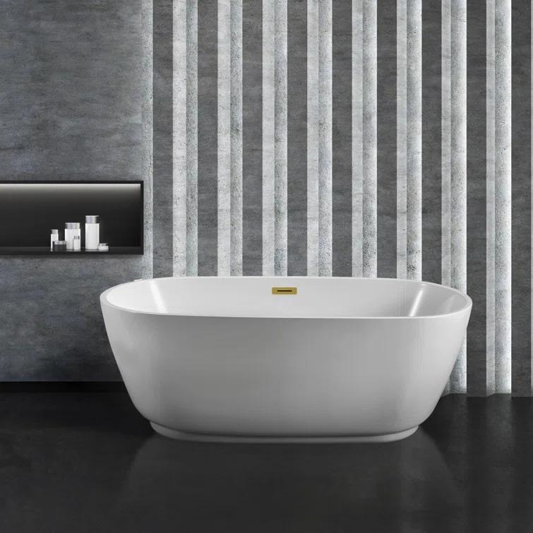 59" Streamline Freestanding Soaking Acrylic Bathtub With Drain and Bamboo Tray