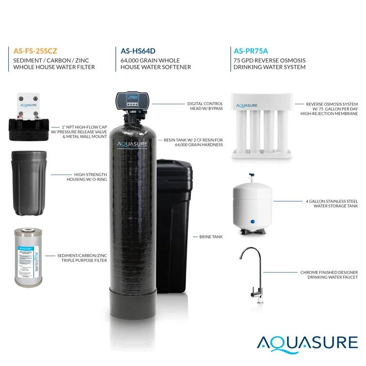Aquasure 70,000 Grains Whole House Water Filtration Bundle With 75 GPD RO System, For 4-6 Bathrooms (AS-WHF70D)