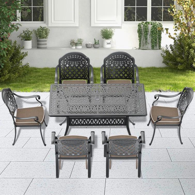 MIRROR FLY 58.27"L 34.65"W Rectangular Table Cast Aluminum Outdoor Dining Set with Umbrella Hole and Red Cushions