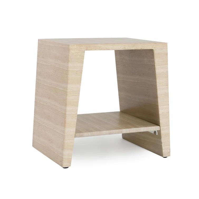Beige Geometric Stone Outdoor End Table with Shelf