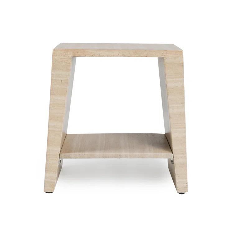 Beige Geometric Stone Outdoor End Table with Shelf