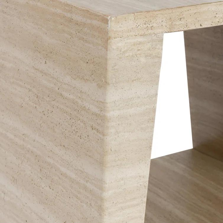 Beige Geometric Stone Outdoor End Table with Shelf