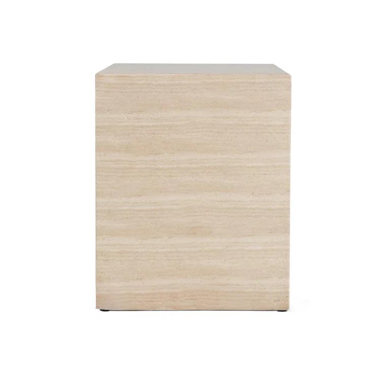 Beige Geometric Stone Outdoor End Table with Shelf