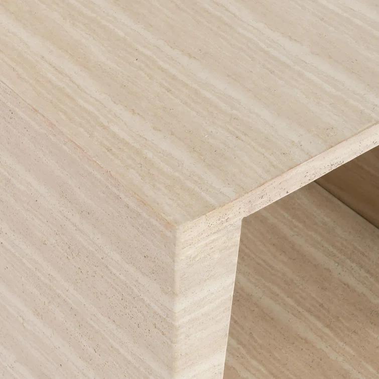 Beige Geometric Stone Outdoor End Table with Shelf