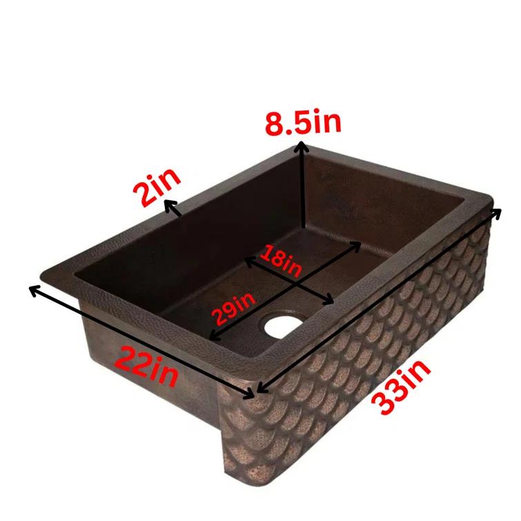 Ambiente CS-KIT-FAH-SGL-SQA-DK Ambiente Mexican Copper Crafts 33x22" Rectangular Single Bowl Copper Kitchen Sink - Bronze Farmhouse Drop-in or Undermount Sink
