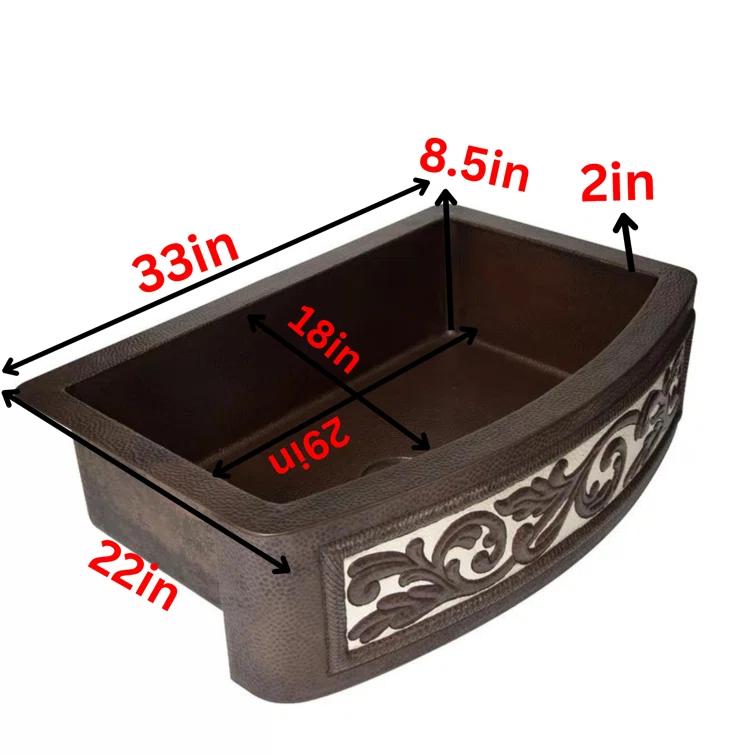 Ambiente Mexican Copper Crafts 33x22" Rectangular Single Bowl Kitchen Sink – Farmhouse Apron Drop-In Sink – 16 Gauge Bronze Copper Undermount Sink – Durable Copper Kitchen Accessories
